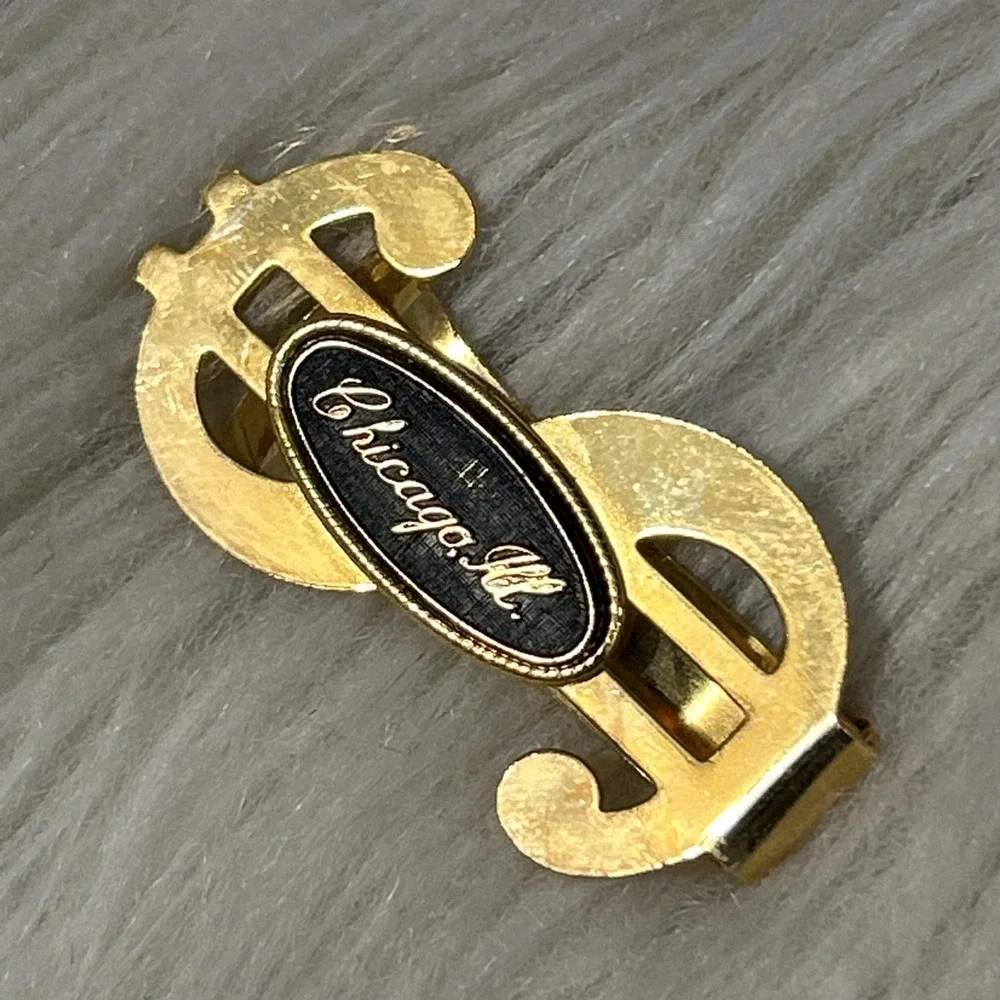 Gold Tone Dollar Sign Money Clip Black Enamel Accent Chicago‎ Old Money Vintage